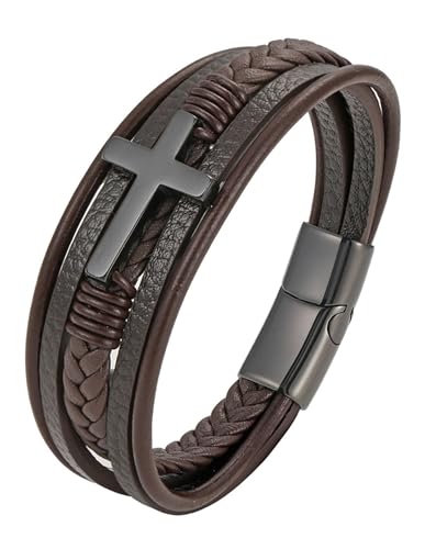Cross Leather Bracelet for Men, Multi-Layer Braided Mens Religious Cuff Bracelets with Stainless Steel Clasp Anniversary Father's Day Birthday Christmas Jewelry Gifts for Him - color: Black Clasp & Brown Leather