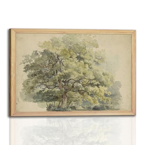 Watercolor Oak Tree Wall Art 12x16Inchs - Green Nature Landscape Painting Print with Light Wood Frame, Rustic Farmhouse Home Decor for Living Room Bedroom Office, Framed Canvas Picture Poster - color: Vintage Tree, size: 12"L x 16"W