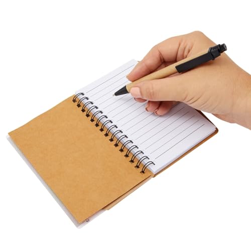 Juvale School Supplies Pocket Notebook & Pen - 4 x 5.5 in, Brown Cover, 6-Pack - Lined Mini Notepad Spiral Journal with Elastic Pen Holder - 65 Tabs & Ruler Sheet