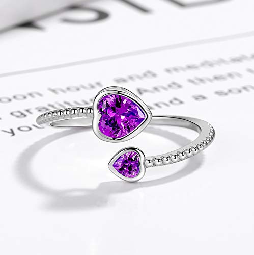Step Forward 925 Sterling Silver Birthstone Rings for Women - Adjustable Open Heart Ring Constellation Month Band for Her Birthday Gifts Jewelry - color: February