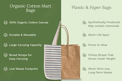 Best Canvas Grocery Shopping Bags - Cloth Grocery Tote Bags - Reusable Cotton Grocery Tote Bags with Bottle Sleeves - color: Blue Stripes