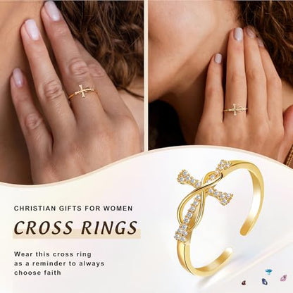 Btysun Cross Rings for Women Christian Gifts Adjustable Non Tarnish Gold Rings Stocking Stuffers Religious Confirmation Catholic Gifts for Her Daughter Sister Faith Baptism Jewelry - color: Baptism.