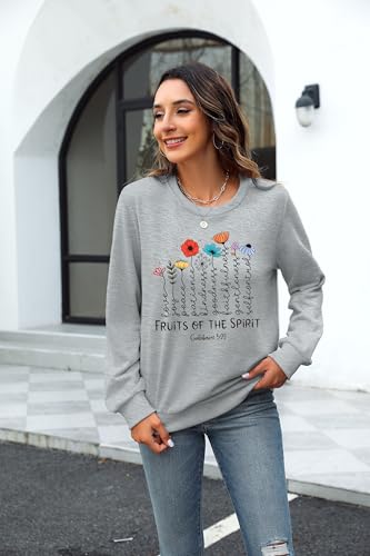KIDDAD Christian Sweatshirts for Women Jesus Sweatshirt Bible Verse Sweatshirt Fruits of the Spirit Long Sleeve Pullover - color: Grey, size: X-Large