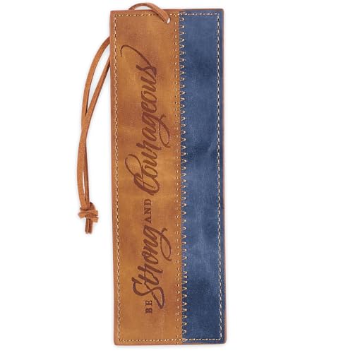 Christian Art Gifts Faux Leather Scripture Bookmark: Strong and Courageous - color: Brown/Navy - Be Strong