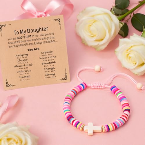 Cute Cross Bracelet Teen Girl Gifts Trendy Stuff Christian Gifts for Kids/Girls/Boys/Teens/Women Jewelry Colorful Jesus Bracelets Christmas Religious Communion Baptism Confirmation Gifts - color: 3-Daughter