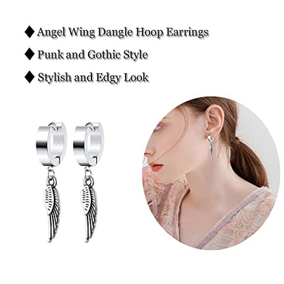 Unisex Punk Hip Hop Stainless Steel Silver Black Gold Tone Lock Thunder Lightning Bolt Dangle Huggie Hoop Earrings Gift for Women Men Boy Teens - color: Silver-Angel Wing