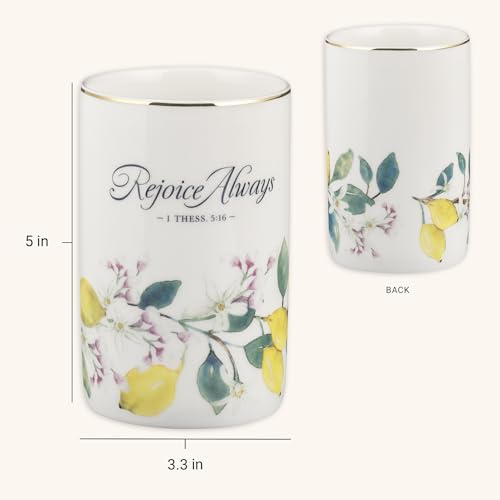 Christian Art Gifts Small White Ceramic Table Vase for Flowers & Plants: Rejoice Always Inspirational Scripture Home Décor, Kitchen, Bathroom, Living Room, Yellow Lemon, Green Leaves & Gold, 5" x 3.2"