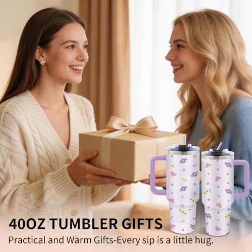 Purple Floral 40oz Tumbler with Handle Straw, Cute Flower Gifts for Women - color: Floral1