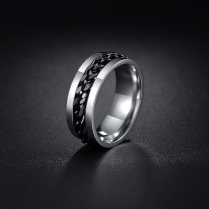 Mens Fidget Rings Anxiety Ring for Men 6mm 8mm Chain Spinner Ring Size 5-14 - color: Silver Black