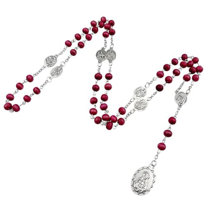 Seven Sorrows of Mary Rosary Wooden Beads Catholic Jewelry Necklace for Pray - color: Red