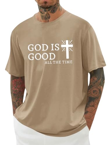 Mens Christian Shirts Shorts Sleeve Crewneck Jesus Cross Printed T Shirts Loose Graphic Tee - color: Khaki, size: XX-Large