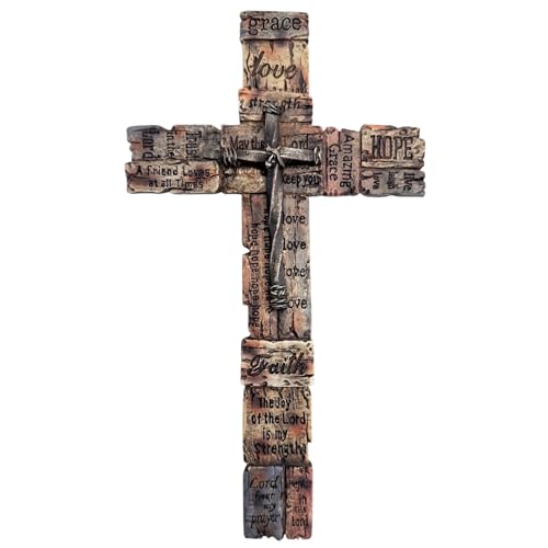 Top Brass Inspirational Rustic Wood-Look Wall Cross with Faux Iron Center – Resin Scripture Cross - Religious Sayings Jesus Art Sculpture