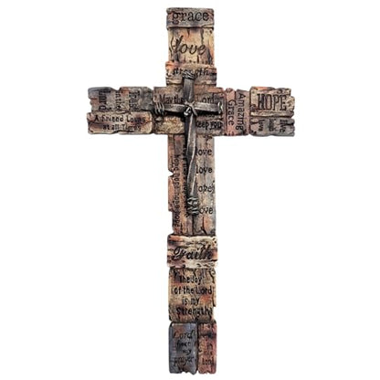 Top Brass Inspirational Rustic Wood-Look Wall Cross with Faux Iron Center – Resin Scripture Cross - Religious Sayings Jesus Art Sculpture