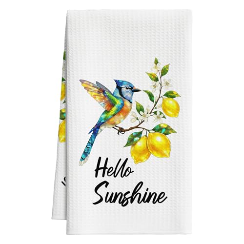 Lemon Kitchen Towels, Hello Sunshine Lemon Bird Floral Dish Towels, 14 - color: Blue Bird