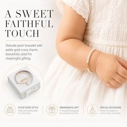 Mud Pie Pearl Cross Bracelet for Girls, Baby Baptism Bracelet With Gift Box