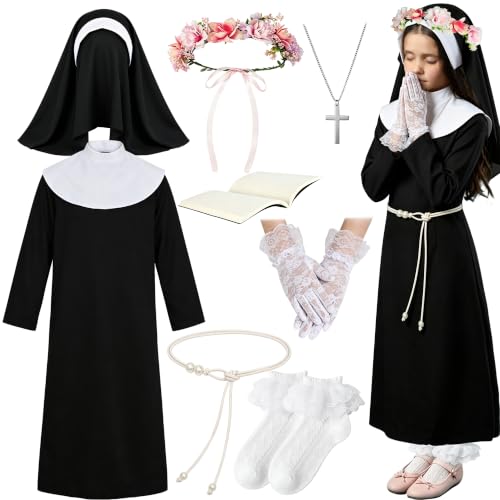 8 Pcs Halloween kids Nun Costume Set with Nun Outfit Hat Belt Gloves Socks Cross Necklace Book and Rose Wreath St Rose of Lima Halloween Nun Outfit for Girls