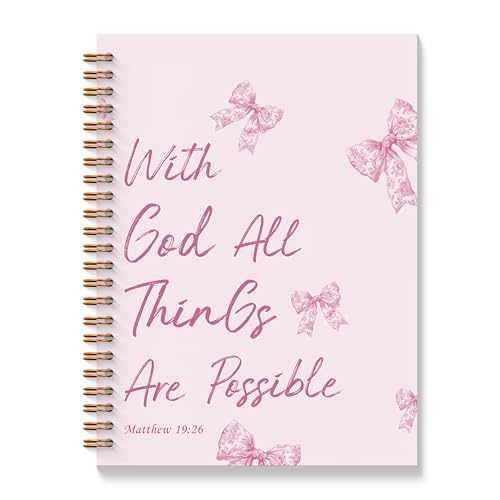 Pink Coquette Bow Christian Spiral Notebooks, With God All Things are Possible Bible Journaling Notebook, Religious Prayer Journal for Woman, Church Notes Notebook, 5.5x8.3 Inches - color: Pink God Bow