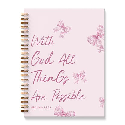 Pink Coquette Bow Christian Spiral Notebooks, With God All Things are Possible Bible Journaling Notebook, Religious Prayer Journal for Woman, Church Notes Notebook, 5.5x8.3 Inches - color: Pink God Bow