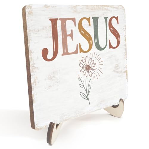 Christian Gifts Desk Decor, Rustic Wood Sign, Boho Faith Religious Bible Verse Quotes Decorative Desk Accessories for Home House Decor Office Accessories Cute Bohemian Jesus Table Shelf Wooden Sign - color: JesusFlower