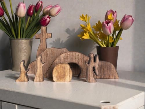 Wooden Easter Empty Tomb Decoration Set with Cross and Figurines, he is Risen, Jesus Resurrection Scene Christian Decor for Home, Church, Office, Shelf Display, Easter Table Decor (#B) - color: #B