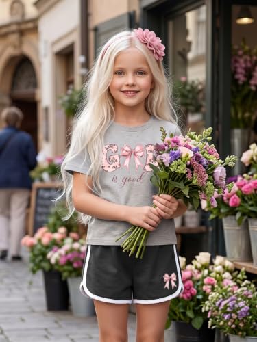 Eatbook Christian Girls Clothes 2 Pcs God is Good T-Shirt Bow Shorts Set - color: Grey, size: 5-6 Years