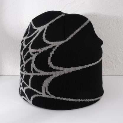 Unisex Stretch Warm Winter Skull Cap, Cold Weather Knit Beanie - color: Grey Spider Web Pattern