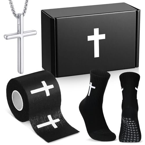 TrelaCo 4 Pack Cross Athletic Tape Socks Necklace Gift Box - color: Black, style: Cross
