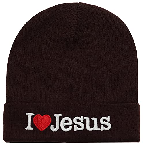 I Love Jesus Beanie Hat Ski Cap All Seasons Embroidered Solid Color - color: Brown