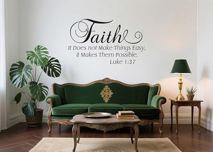 Luke 1:37 Christian Wall Decals, Faith It Does Not Make Things Easy it Makes Them Possible Bible Verse Wall Stickers, Scripture Quotes Religious Phrase Vinyl Wall Art for Home Church