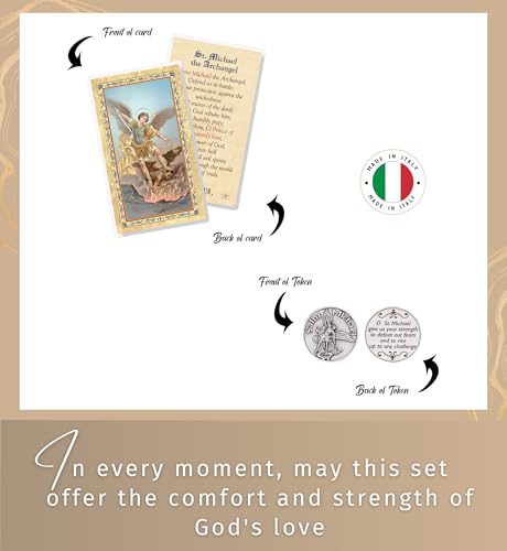 St Michael the Archangel Prayer Card - Laminated Saint Michael Prayer Card with Gold Stamping, Religious Pocket Token, The Lord’s Prayer - Made in Italy Catholic Cards and Tokens Set - 7 Items