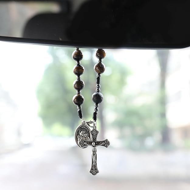 Nazareth Store Tiger Eye Beads One Decade Rosary Handmade Pocket Car Mirror with Saint Joseph Medal and Jesus Cross in Antique Silver Volcanic Stone Travel Friendly Rosary - color: Brown Tiger Eye