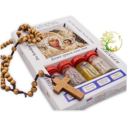 Holy Water | Olive Oil | Holy Land Soil & Frankincense from Bethlehem | Comes with Olive Wood Rosary | Religious Gift