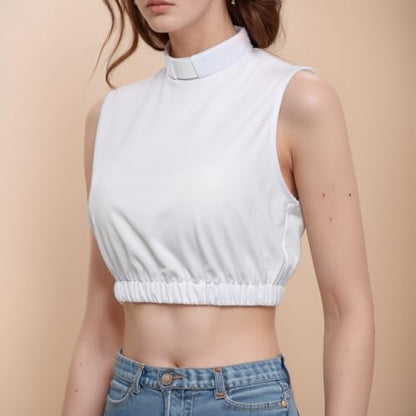 Women's Clergy Crop Top Sleeveless T-Shirt Tab Collar Clergy Priest Church Clergy Bib - color: White, size: Large