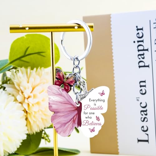 Butterfly Christian Keychain Women Cross Bible Verse Keychain Butterfly Purse Charm Inspirational Religious Gifts - color: Pink