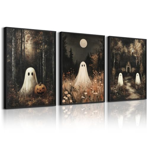Halloween Ghost Wall Art Decor Vintage Spooky Prints Cute Ghost Canvas Wall Art Vintage Halloween Poster Dark Forest Pumpkin Pictures Academia Aesthetic Painting for Bedroom 12x16x3 Inch Unframed - color: Forest Ghost Prints, size: 12x16 Inch Unframed
