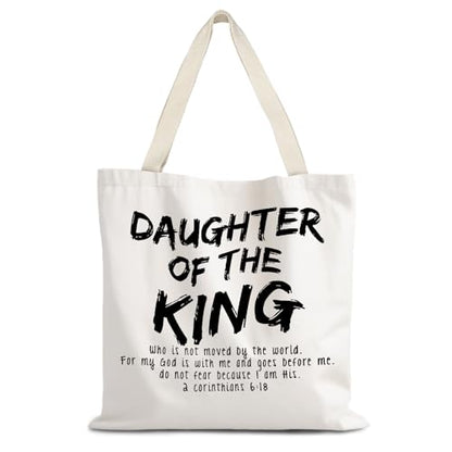 Walk by Faith Christian Canvas Tote Bags for Women, Christian Gifts for Women Faith, Bible Verse Gifts - color: Daughter of the King