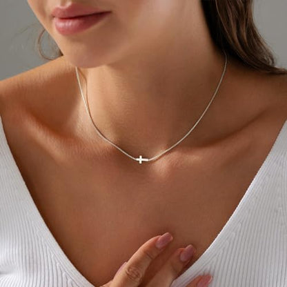 Rotnso Cross Necklace for Women 14K Gold Plated Dainty Small Pendant Choker - style: Box Chain Sideways Cross-SL