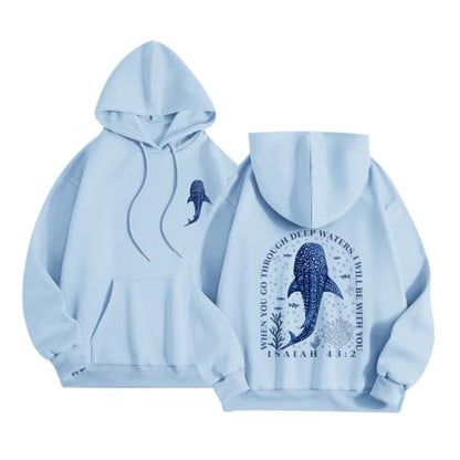 BeWithYou Christian Whale Shark Hoodies for Women Jesus Faith Sweatshirts God Religious Hoodie Bible Verse Graphic Pullover - color: Blue, size: Small