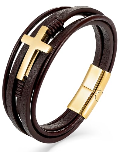 YL Mens Cross Viking Celtic Ankh Odin Compass Life Tree Leather Bracelet, 18K Gold/Black Rhodium Stainless Steel Christian Religious Protection Talisman Brown Cuff Handcrafted Jewelry Gifts - color: 18K Gold-Cross A-Brown, size: 8.3"(210mm)