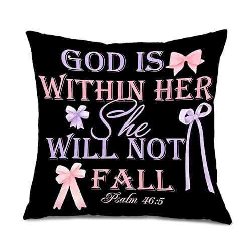 Pink and Purple Coquette Bow Bible Pillow Cover 18x18, Girly Room Decor, God is Within Her She Will Not Fall Christian Decorative Throw Pillow Cover for Girls Bedroom Dorm Home - color: Color 01
