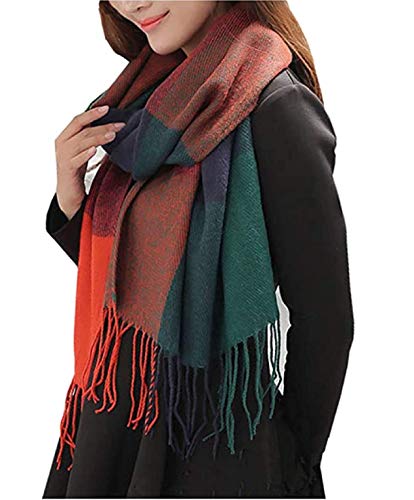 Wander Agio Women's Fashion Long Shawl Big Grid Winter Warm Lattice Large Scarf - color: Orange Blue1