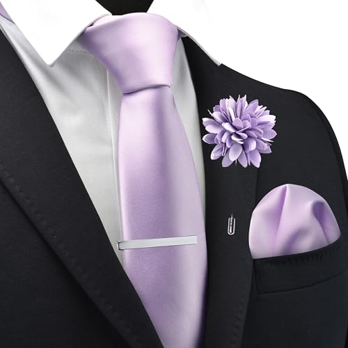 Branduce 3.15"（8cm） Mens Tie and Lapel Pin Solid Necktie Handkerchief Tie Clip Set for Men - color: Lavender