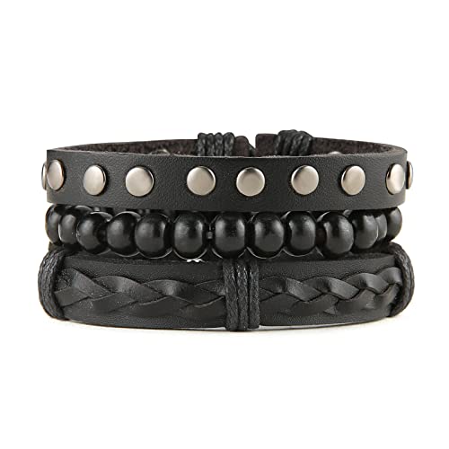 HZMAN Handmade Hemp Cords Wood Beads Leather Bracelets for Men Women - style: Wooden bead style 6