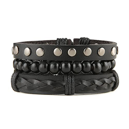 HZMAN Handmade Hemp Cords Wood Beads Leather Bracelets for Men Women - style: Wooden bead style 6