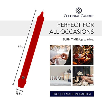 Colonial Candle Unscented Taper Candle, Classic Collection, Red, 8 In, Pack of 12 - Up to 6 Hours Burn - color: Red, size: 8 In, style: Classic