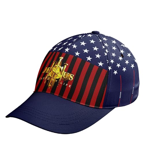 American Flag Christian Trucker Hat for Men Women, Adjustable Snapback Baseball Cap USA Pride Hat Religious Gifts - color: Blue Red Gold Jesus
