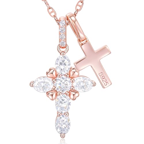 Moissanite Double Cross Necklace, Women Moissanite Diamond Cross Pendant - color: Rose Gold(Iced+Polished)