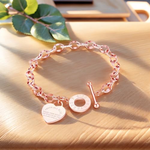 Heart Charm Bracelet Plated 18K Gold/Silver/Rose Gold Bible Scripture Heart Bracelet for Women Jewelry Gift Her Link Chain OT Clasp Stainless Steel - color: Rose Gold（8.1 inch ）