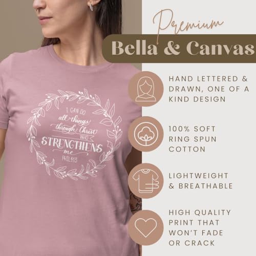 Christian Shirts for Women, Bible Verse Scripture, Jesus Faith Graphic Tee - color: Philippians 4:13 Wreath — Mauve, size: X-Large