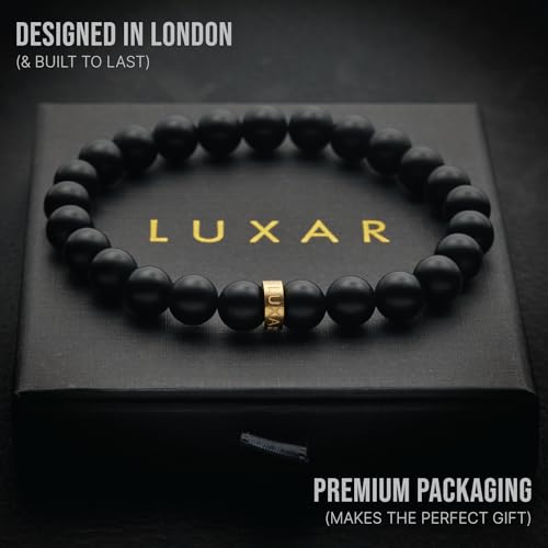 LUXAR Men’s Bracelet - Genuine Black Leather Bracelet with Stainless Steel Clasp or 8mm Matte Black Onyx Stone Bead Bracelet - Minimalist Designer Jewelry for Men - color: Gold, size: Small